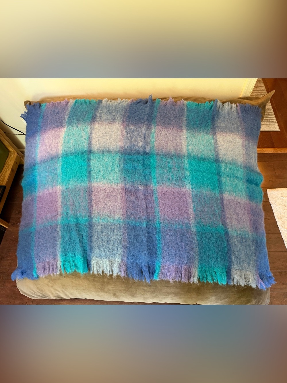 AVOCA (Ireland)Soft Plaid Mohair/wool Throw Blanket in Teal & Lavender